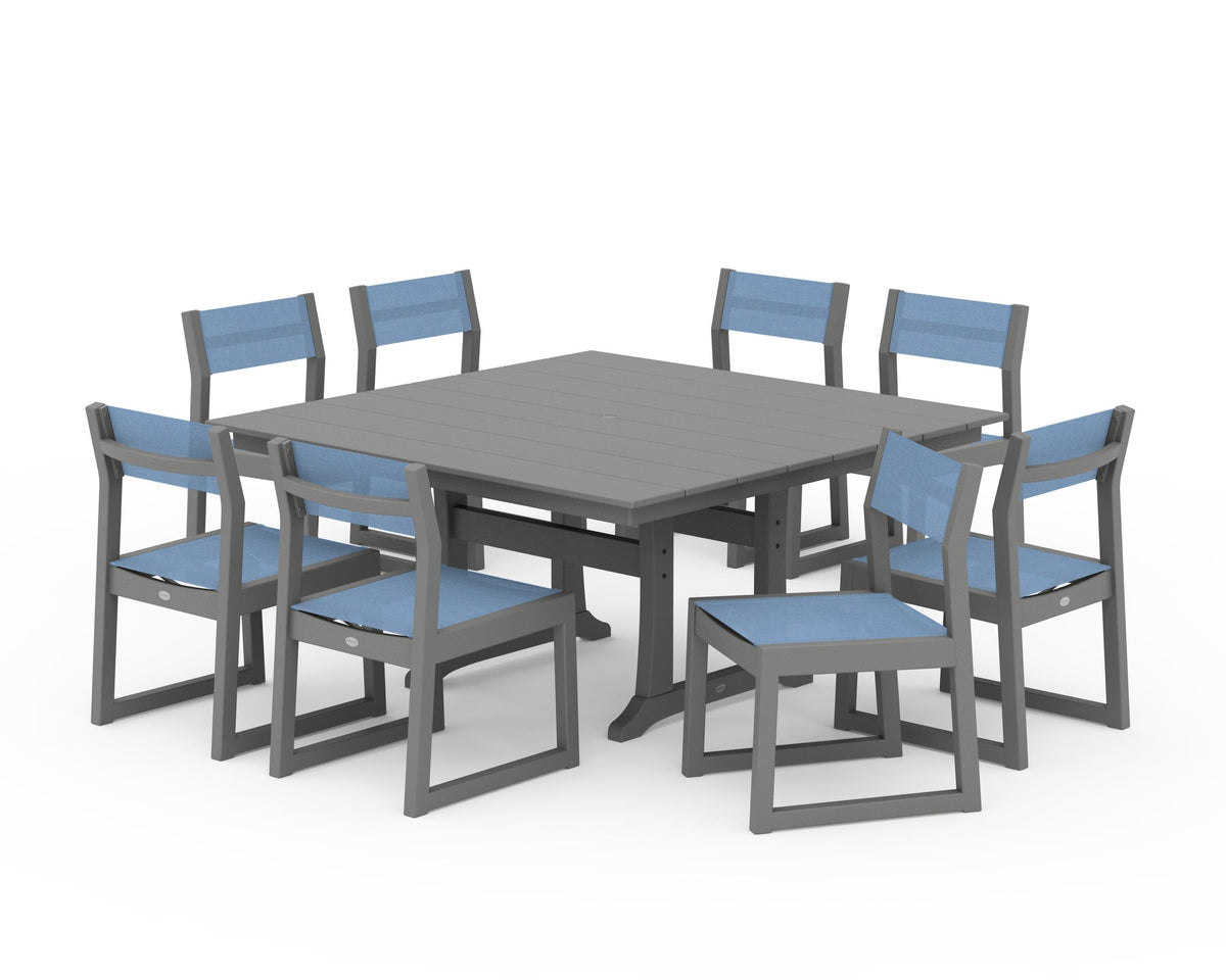 POLYWOOD EDGE Sling Side Chair 9-Piece Farmhouse Trestle Dining Set in Slate Grey / Poolside