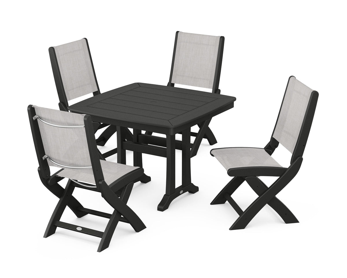 POLYWOOD Coastal Folding Side Chair 5-Piece Dining Set with Trestle Legs in Black / Parchment