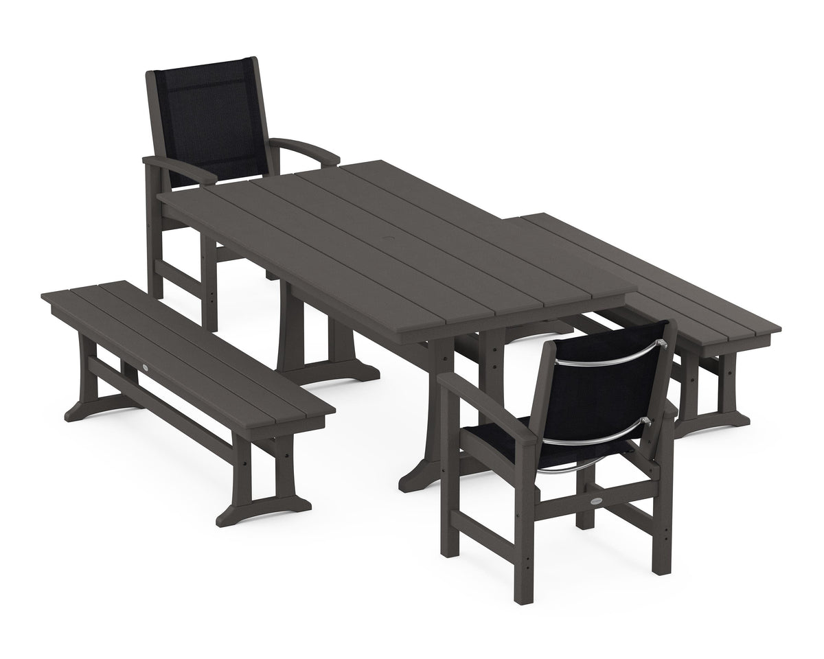 POLYWOOD Coastal 5-Piece Farmhouse Dining Set with Trestle Legs and Benches in Vintage Coffee / Black
