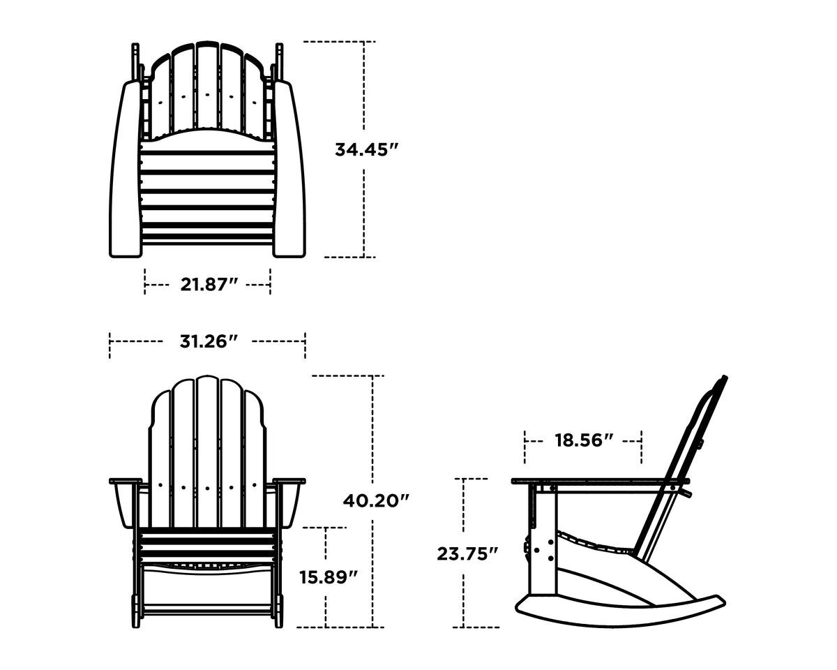 POLYWOOD Vineyard Curveback Adirondack Rocking Chair dimension drawing with width, depth and height measurements
