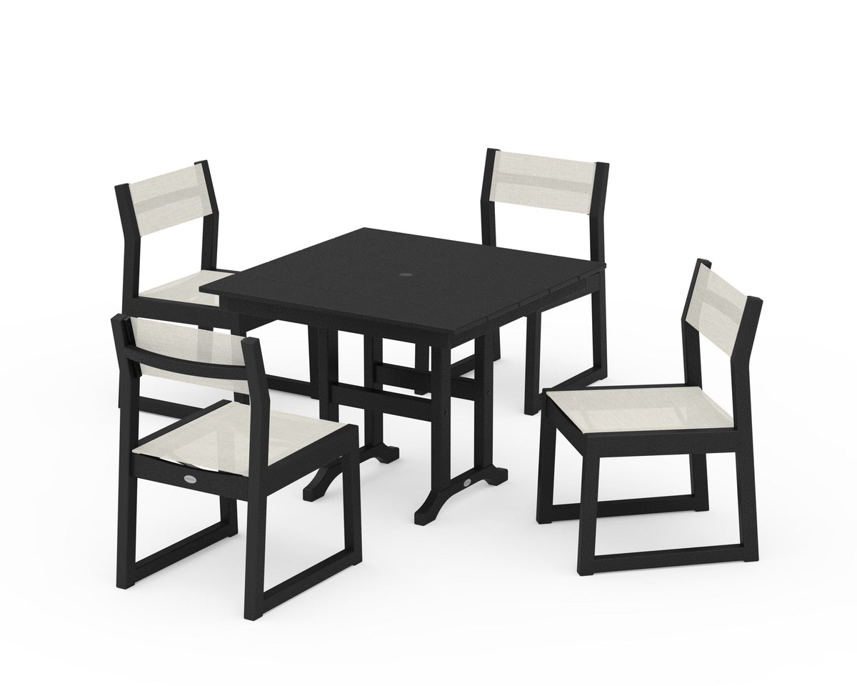 POLYWOOD EDGE Sling Side Chair 5-Piece Farmhouse Dining Set in Black / Parchment