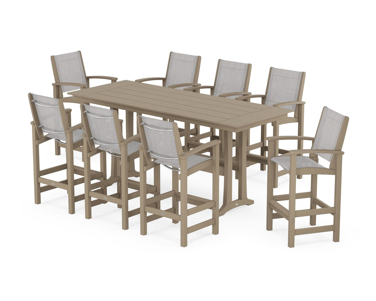 POLYWOOD Coastal 9-Piece Farmhouse Bar Set with Trestle Legs in Vintage Sahara / Parchment