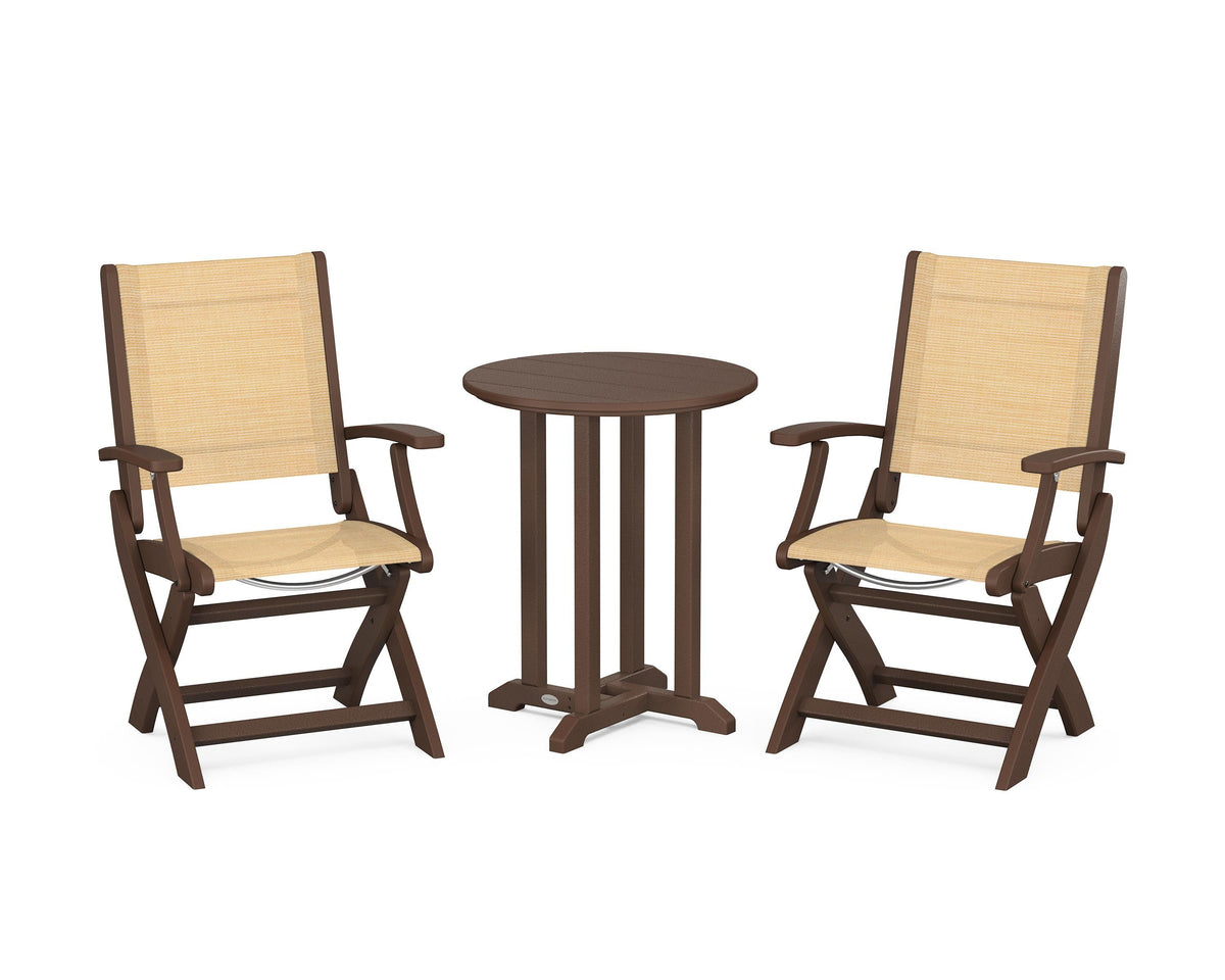 POLYWOOD Coastal Folding 3-Piece Round Bistro Dining Set in Mahogany / Dupioni Apricot