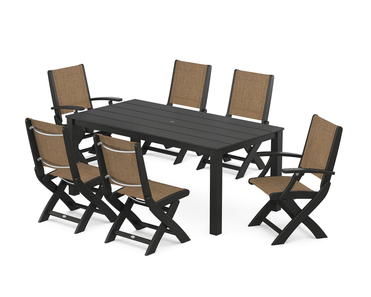 POLYWOOD Coastal Folding Chair 7-Piece Parsons Dining Set with Coastal Folding Side Chair in Black / Burlap