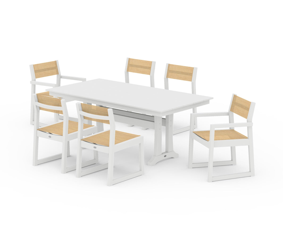 POLYWOOD EDGE Sling 7-Piece Farmhouse Trestle Dining Set in White / Dupioni Apricot