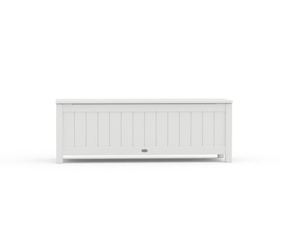 Straight-on front view of the POLYWOOD Vineyard 48" Storage Bench in White