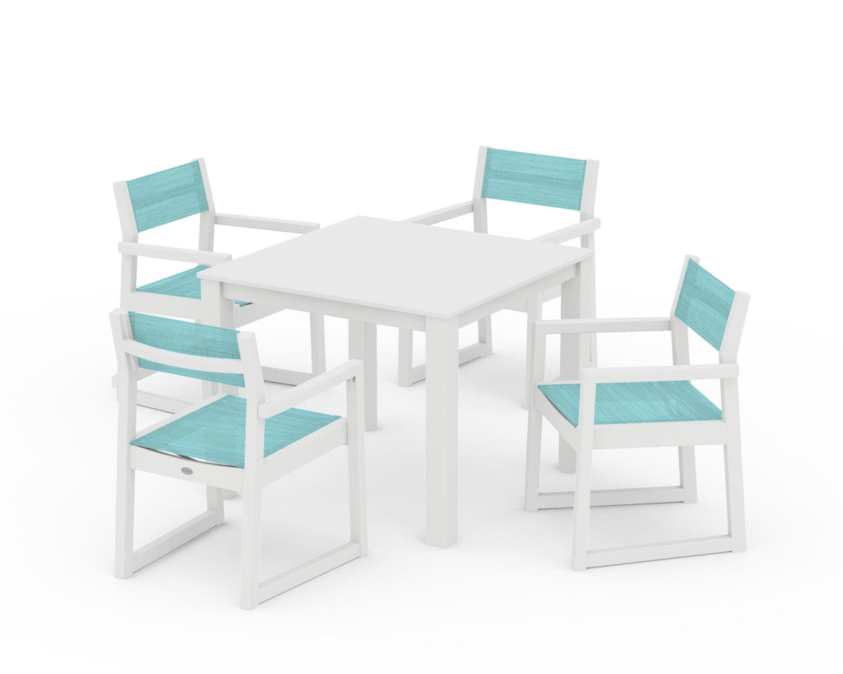 POLYWOOD EDGE Sling Arm Chair 5-Piece Parsons Dining Set in White / Dupioni Aquamarine