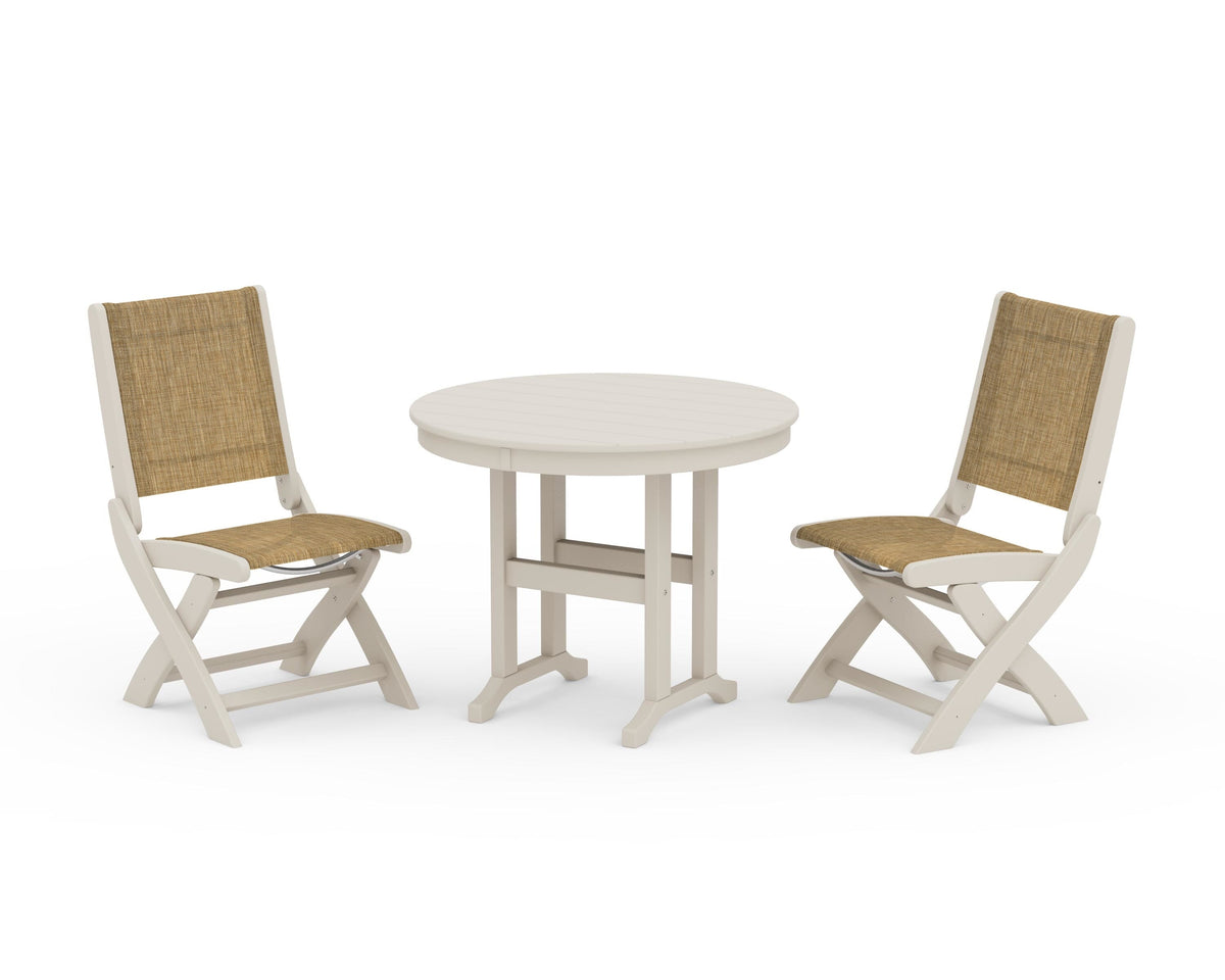 POLYWOOD Coastal Folding Side Chair 3-Piece Round Dining Set in Sand / Burlap