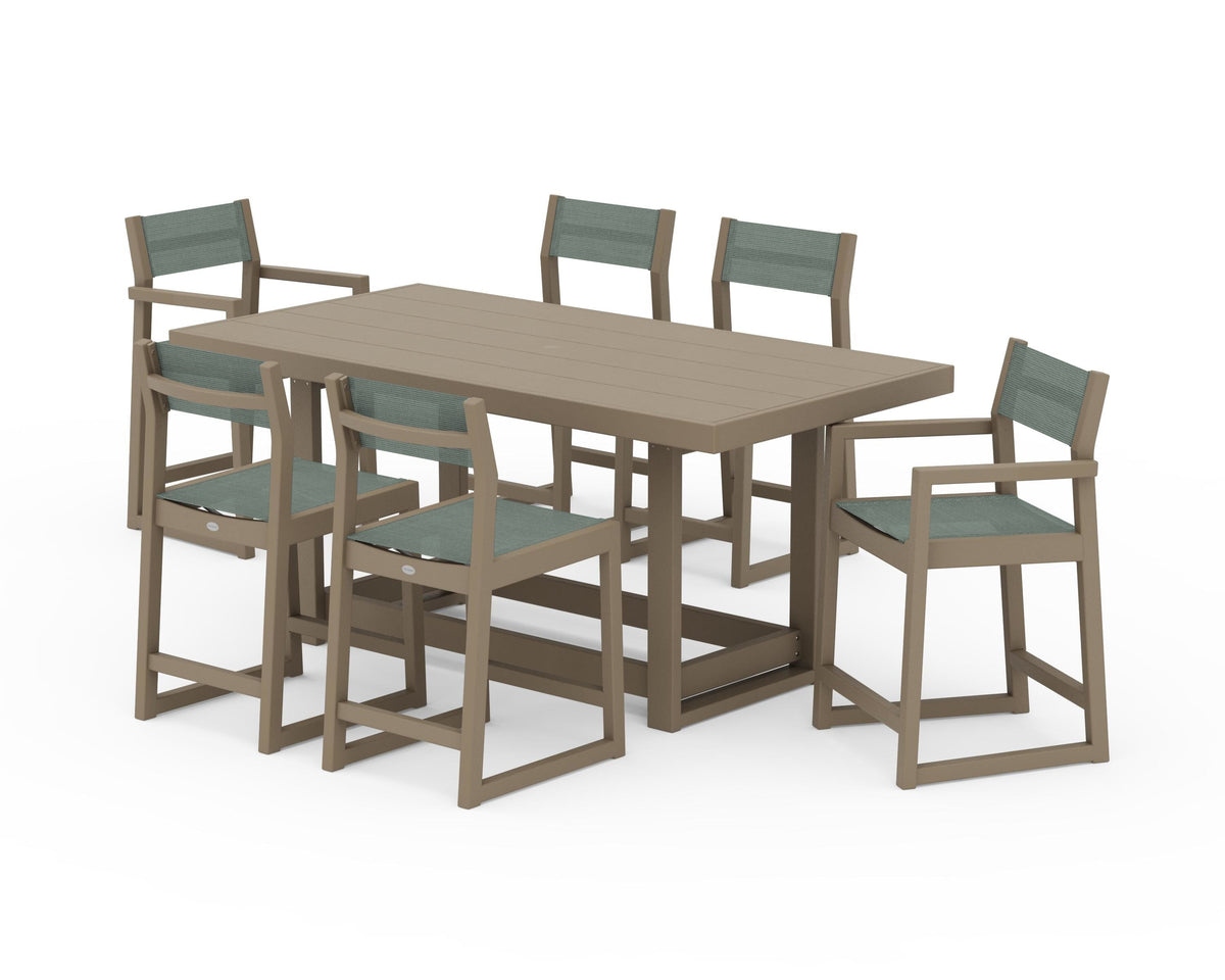 POLYWOOD EDGE Sling 7-Piece Counter Table Set in Vintage Sahara / Dupioni Sea Mist