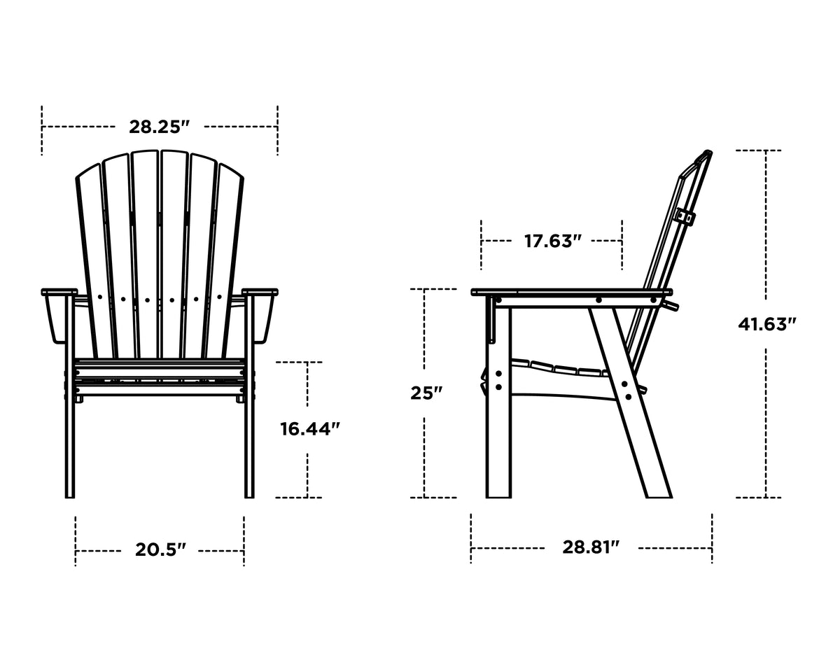 POLYWOOD Nautical Curveback Adirondack Dining Chair dimension drawing with width, depth and height measurements