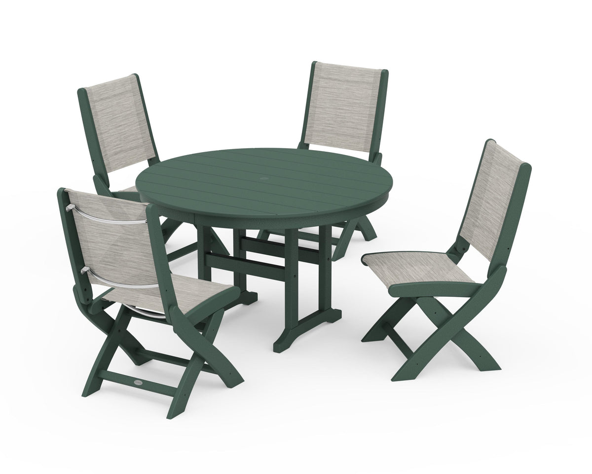 POLYWOOD Coastal Folding Side Chair 5-Piece Round Dining Set in Green / Birch