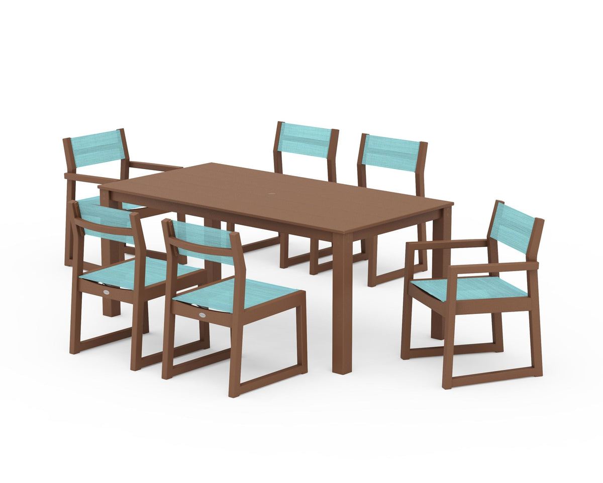 POLYWOOD EDGE Sling 7-Piece Parsons Dining Set in Teak / Dupioni Aquamarine