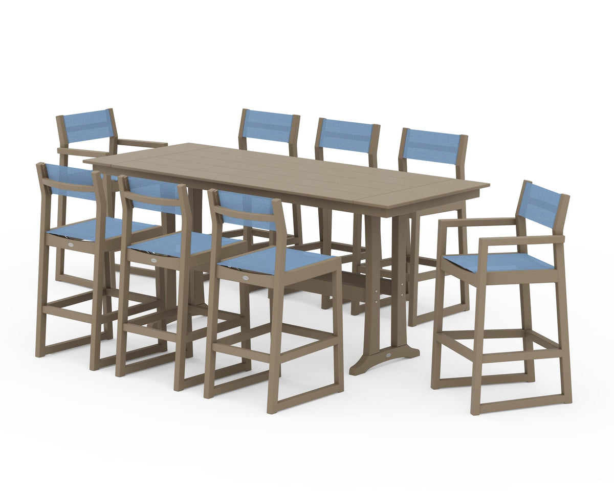POLYWOOD EDGE Sling 9-Piece Farmhouse Bar Set with Trestle Legs in Vintage Sahara / Poolside