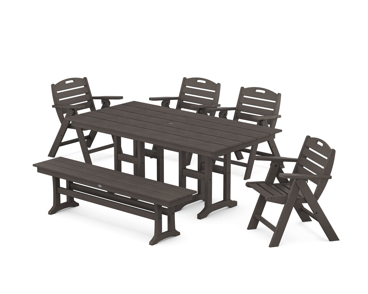 POLYWOOD Nautical Lowback 6-Piece Farmhouse Dining Set with Bench in Vintage Coffee