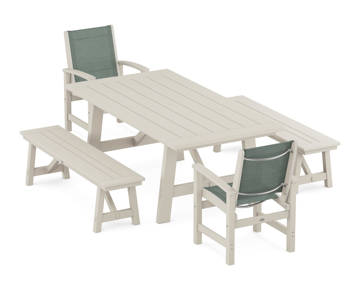 POLYWOOD Coastal 5-Piece Rustic Farmhouse Dining Set With Benches in Sand / Dupioni Sea Mist