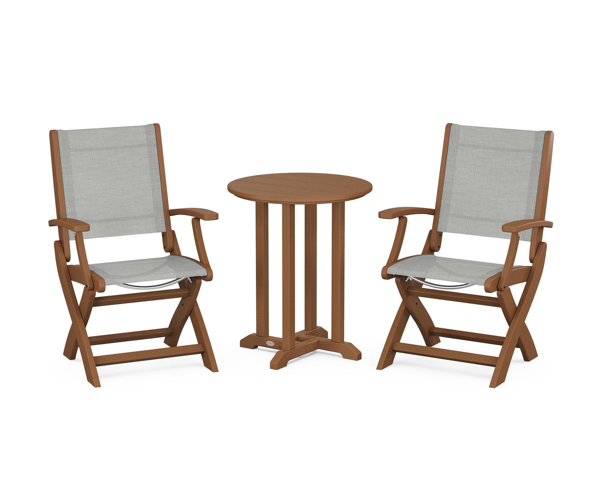 POLYWOOD Coastal Folding 3-Piece Round Bistro Dining Set in Teak / Metallic