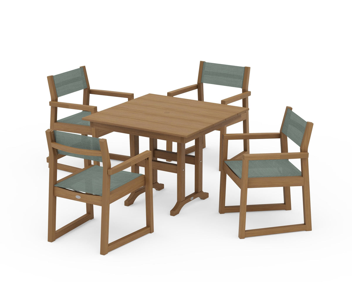 POLYWOOD EDGE Sling Arm Chair 5-Piece Farmhouse Dining Set in Natural / Dupioni Sea Mist