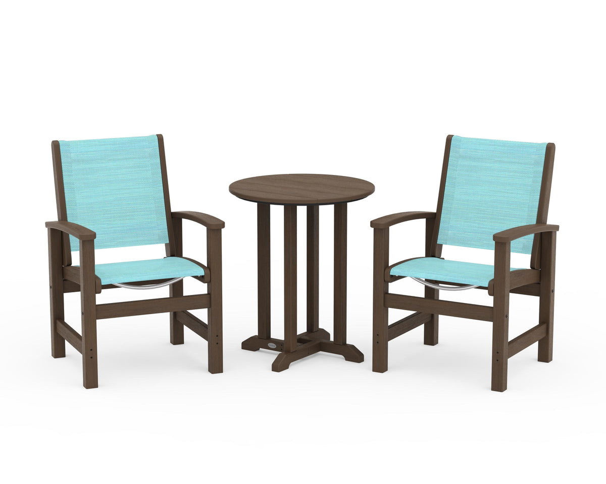 POLYWOOD Coastal 3-Piece Round Bistro Dining Set in Kona / Dupioni Aquamarine