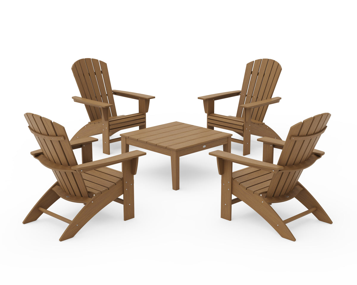POLYWOOD 5-Piece Nautical Curveback Adirondack Chair Conversation Set with 36" Conversation Table in Natural