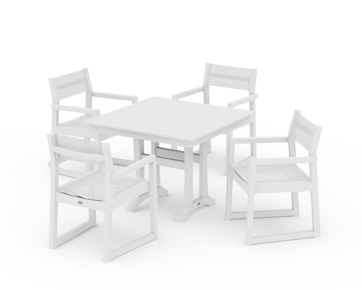 POLYWOOD EDGE Sling 5-Piece Farmhouse Dining Set with Trestle Legs in White / White