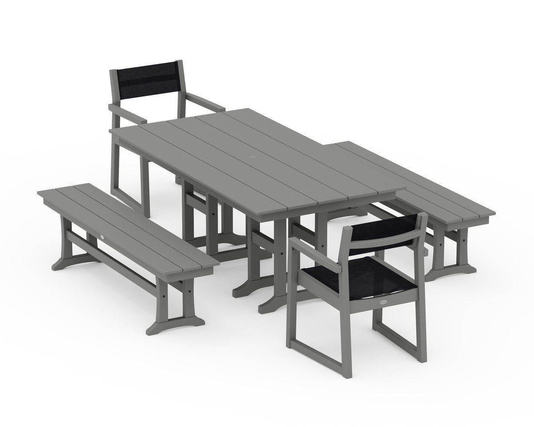 POLYWOOD EDGE Sling Arm Chair 5-Piece Farmhouse Dining Set with Benches in Slate Grey / Black