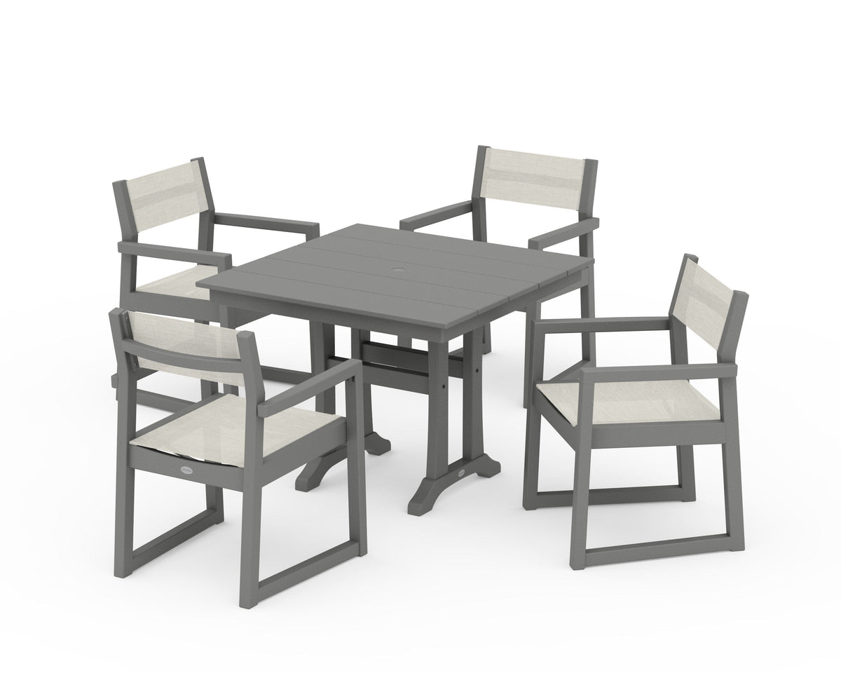 POLYWOOD EDGE Sling 5-Piece Farmhouse Dining Set with Trestle Legs in Slate Grey / Parchment