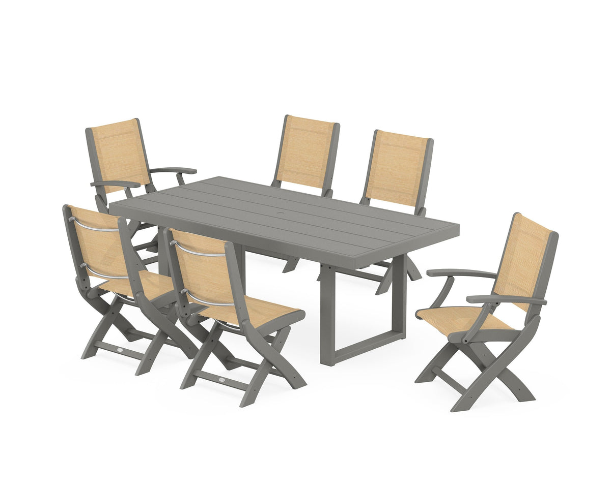 POLYWOOD Coastal Folding Chair 7-Piece Dining Set with Trestle Legs with EDGE 40" x 78" Dining Table in Slate Grey / Dupioni Apricot