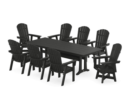 POLYWOOD Nautical Curveback Adirondack Swivel 9-Piece Farmhouse Dining Set with Trestle Legs in Black