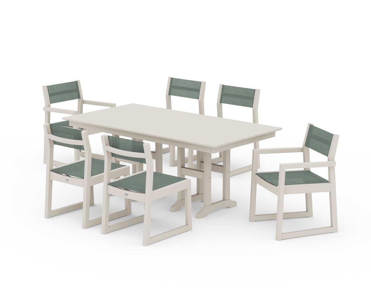 POLYWOOD EDGE Sling 7-Piece Farmhouse Dining Set in Sand / Dupioni Sea Mist