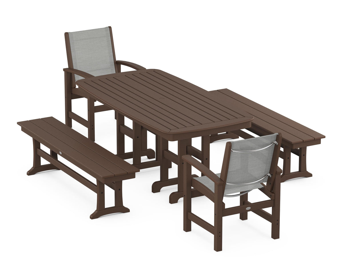 POLYWOOD Coastal 5-Piece Dining Set with Nautical 37" x 72" Dining Table in Mahogany / Metallic