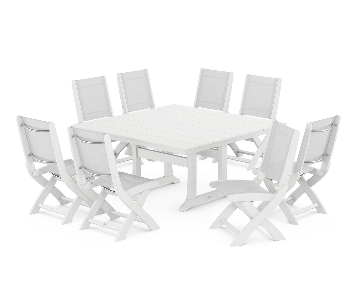 POLYWOOD Coastal Folding Side Chair 9-Piece Farmhouse Dining Set in White / White