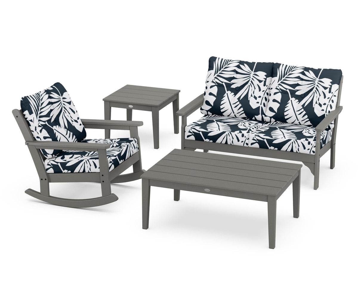 POLYWOOD Vineyard 4-Piece Deep Seating Rocker Set in Slate Grey / Leaf Marine Indigo