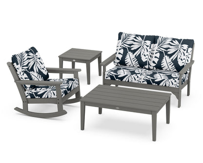 POLYWOOD Vineyard 4-Piece Deep Seating Rocker Set in Slate Grey / Leaf Marine Indigo