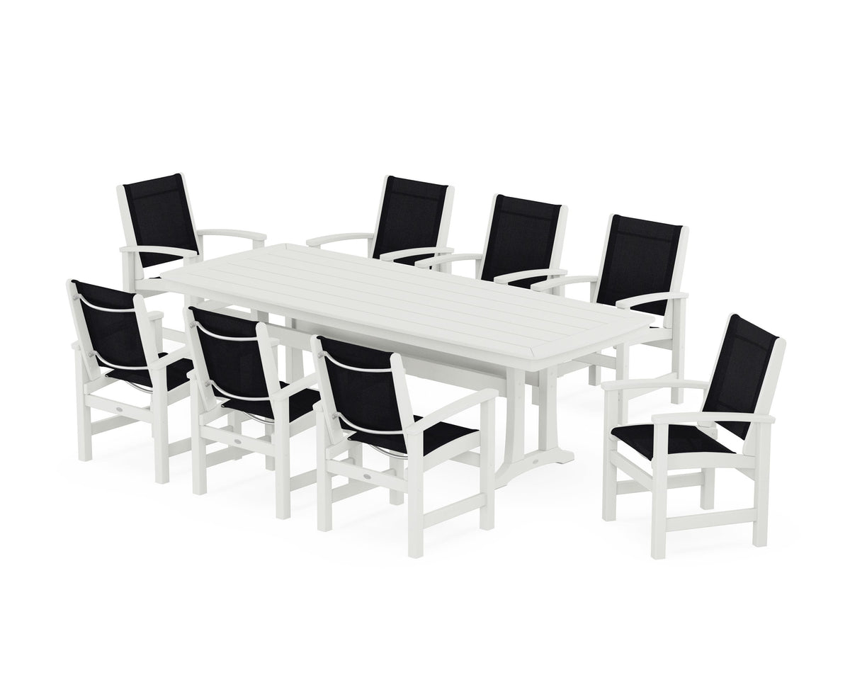 POLYWOOD Coastal 9-Piece Dining Set with Trestle Legs in Vintage White / Black