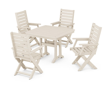 POLYWOOD Captain Folding Chair 5-Piece Dining Set with Trestle Legs - 37" Table in Sand
