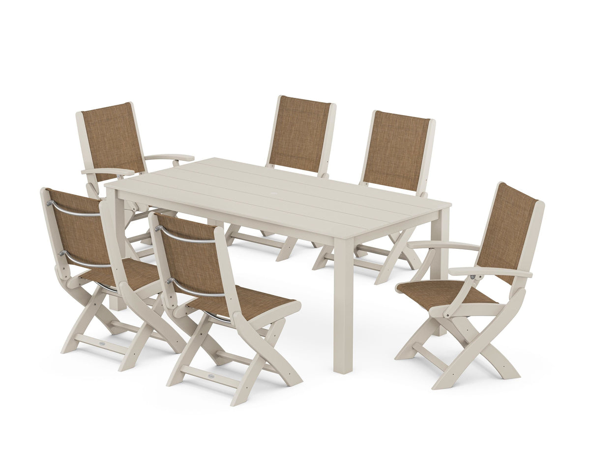 POLYWOOD Coastal Folding Chair 7-Piece Parsons Dining Set with Coastal Folding Side Chair in Sand / Burlap