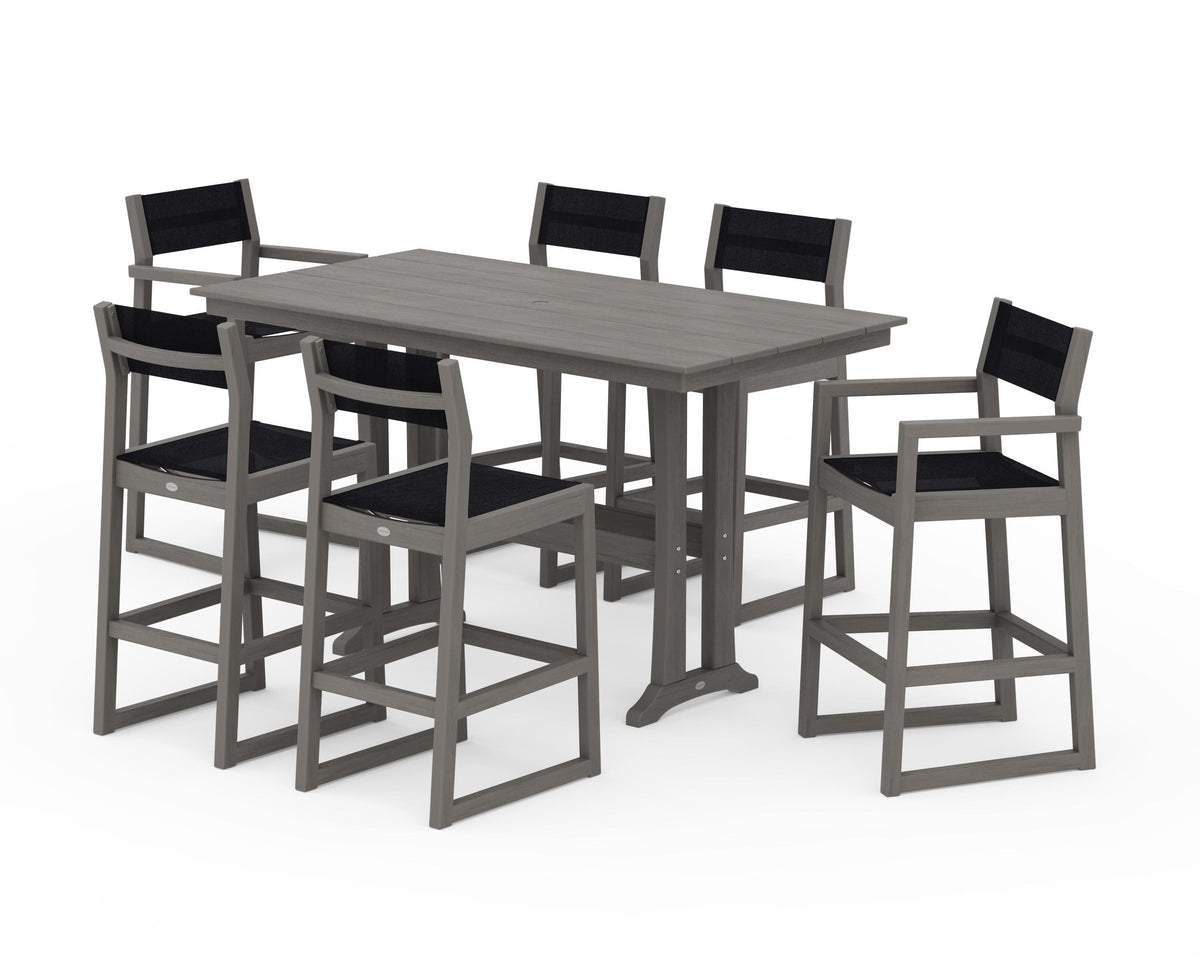 POLYWOOD EDGE Sling 7-Piece Farmhouse Bar Set with Trestle Legs in Driftwood / Black