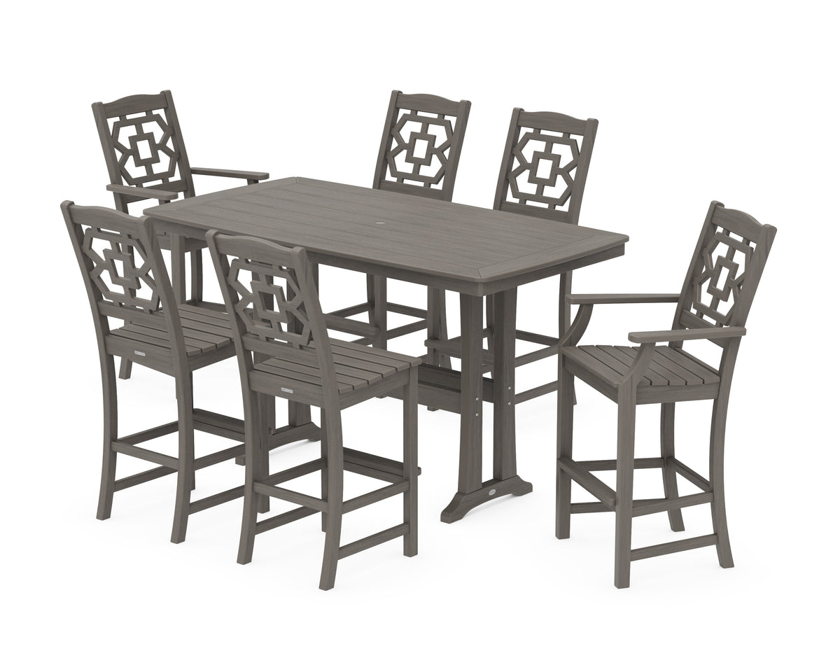 POLYWOOD Chinoiserie 7-Piece Bar Set with Trestle Legs in Driftwood