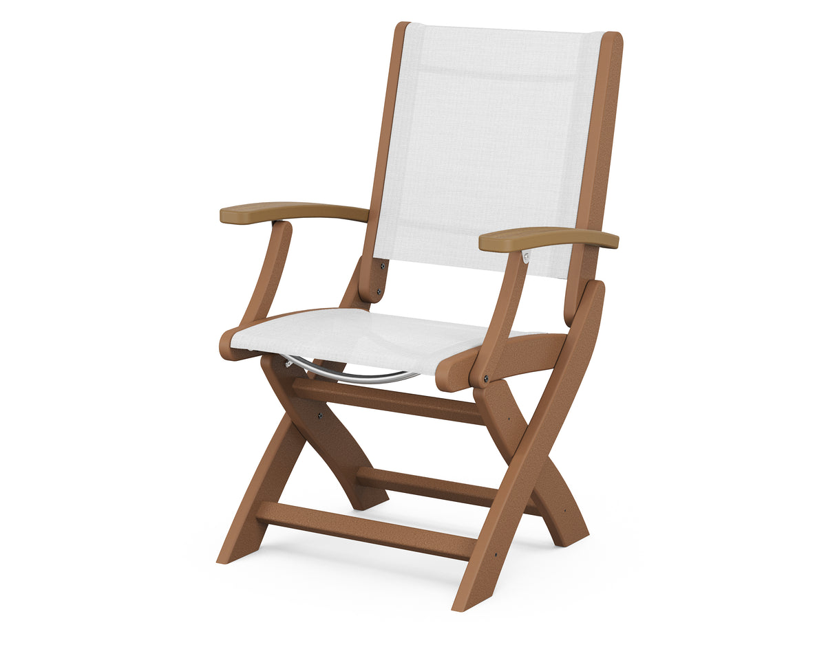 POLYWOOD Coastal Folding Chair in Teak with Natural arms and White sling