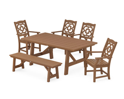 POLYWOOD Chinoiserie 6-Piece Rustic Farmhouse Dining Set with Bench in Teak