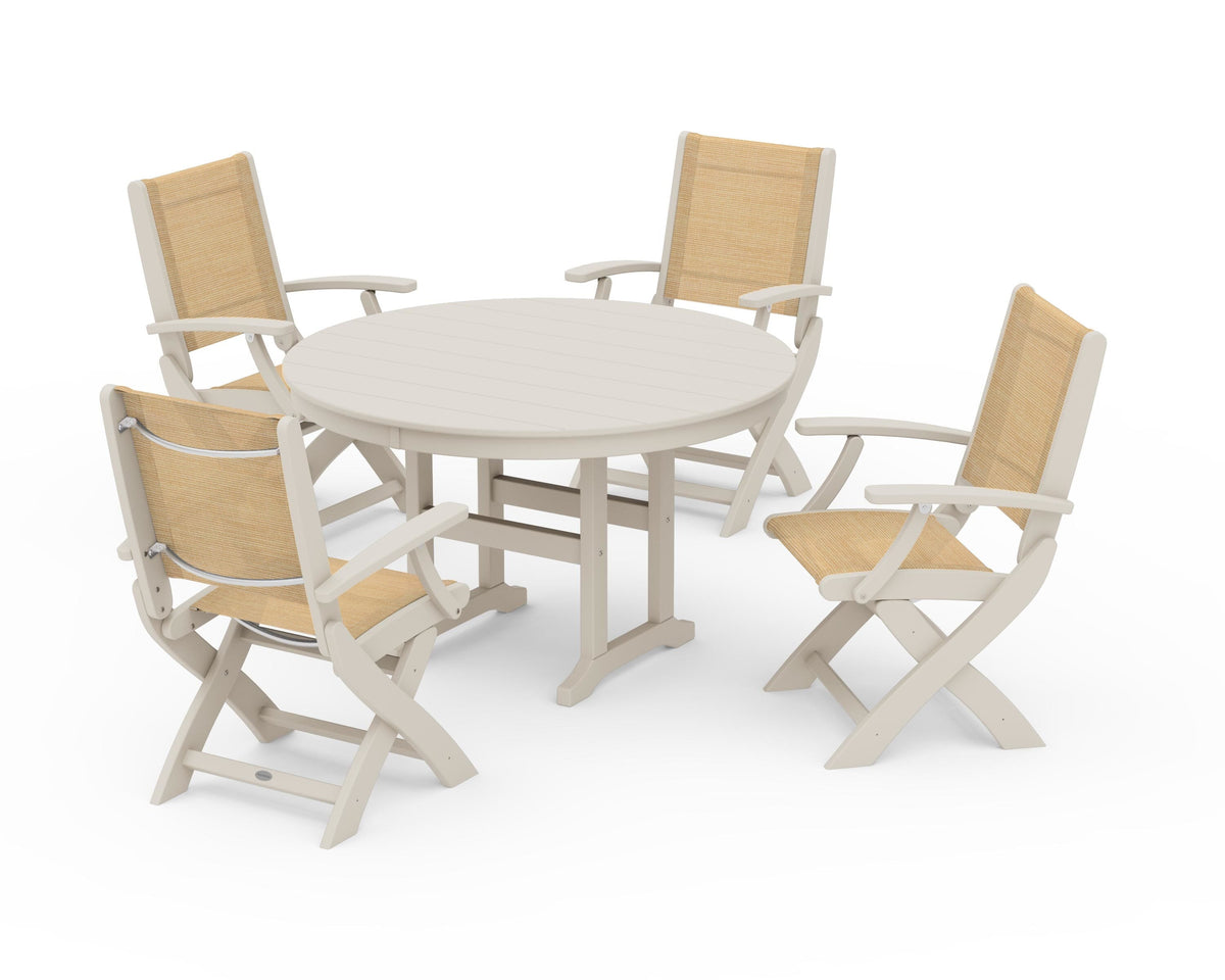 POLYWOOD Coastal Folding Chair 5-Piece Round Dining Set in Sand / Dupioni Apricot