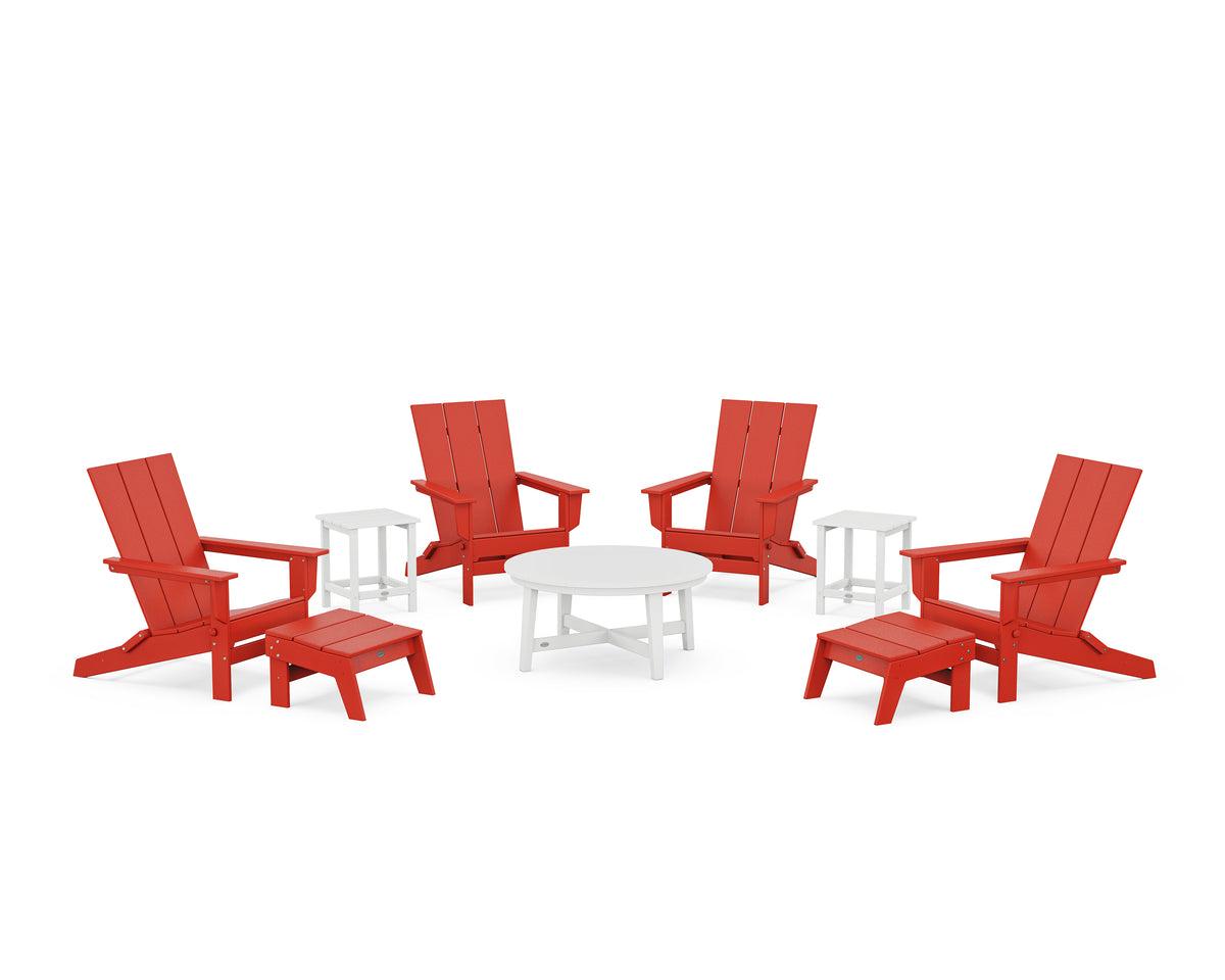 POLYWOOD Modern Studio Folding Adirondack 9-Piece Conversation Set in Sunset Red / White