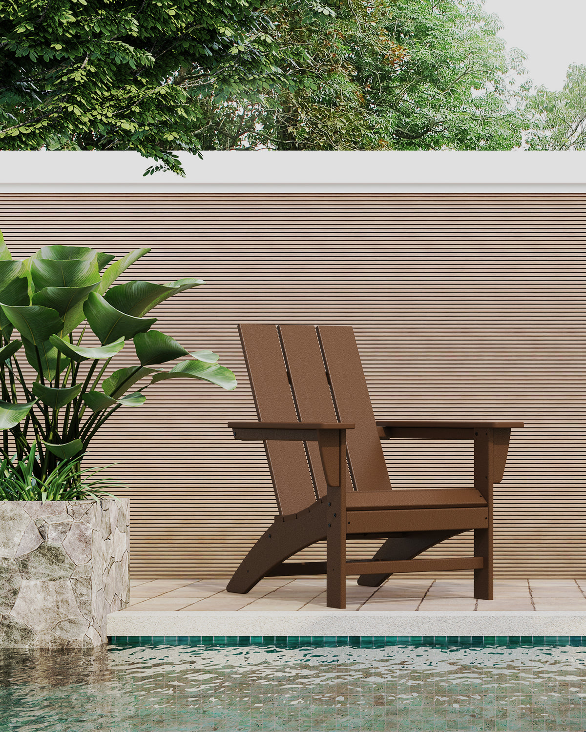 Lifestyle photo of the POLYWOOD Modern Adirondack Chair in Teak