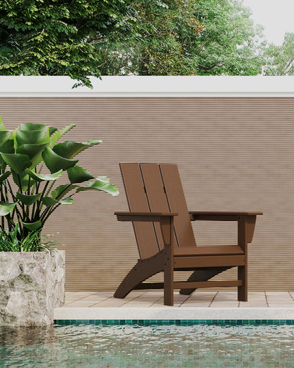 Lifestyle photo of the POLYWOOD Modern Adirondack Chair in Teak