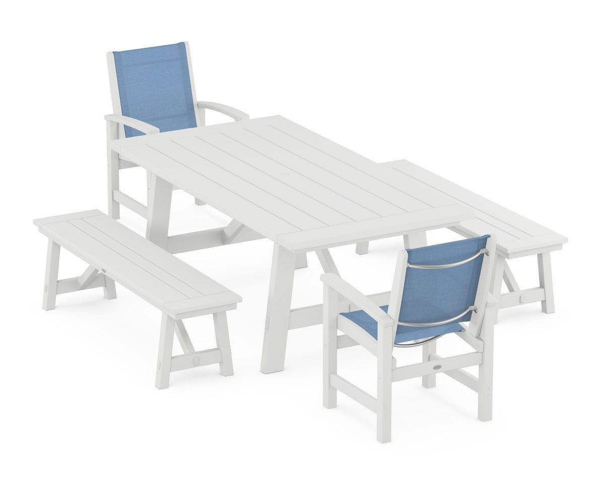 POLYWOOD Coastal 5-Piece Rustic Farmhouse Dining Set With Benches in White / Poolside