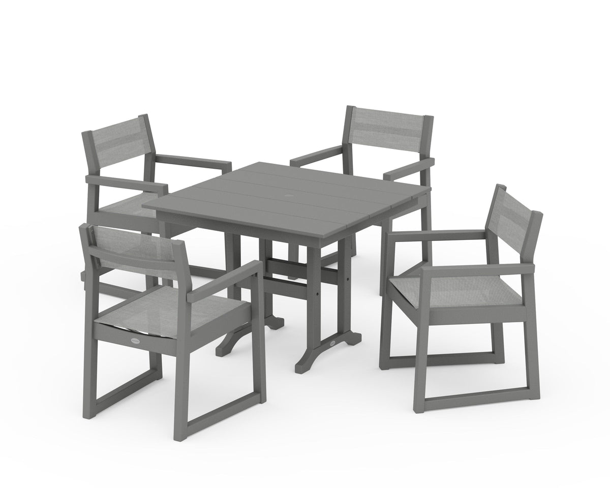 POLYWOOD EDGE Sling Arm Chair 5-Piece Farmhouse Dining Set in Slate Grey / Metallic