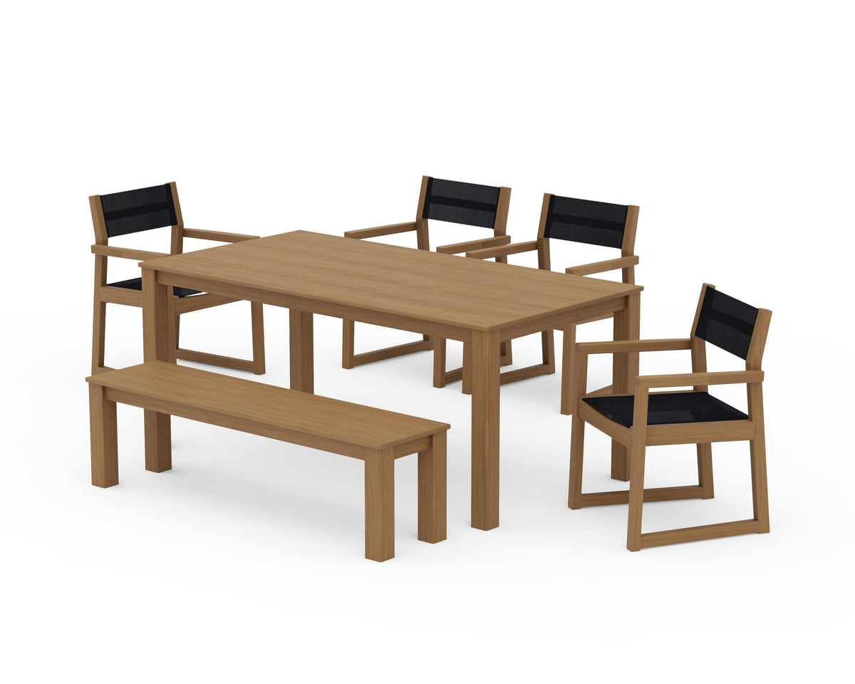 POLYWOOD EDGE Sling Arm Chair 6-Piece Parsons Dining Set with Bench in Natural / Black