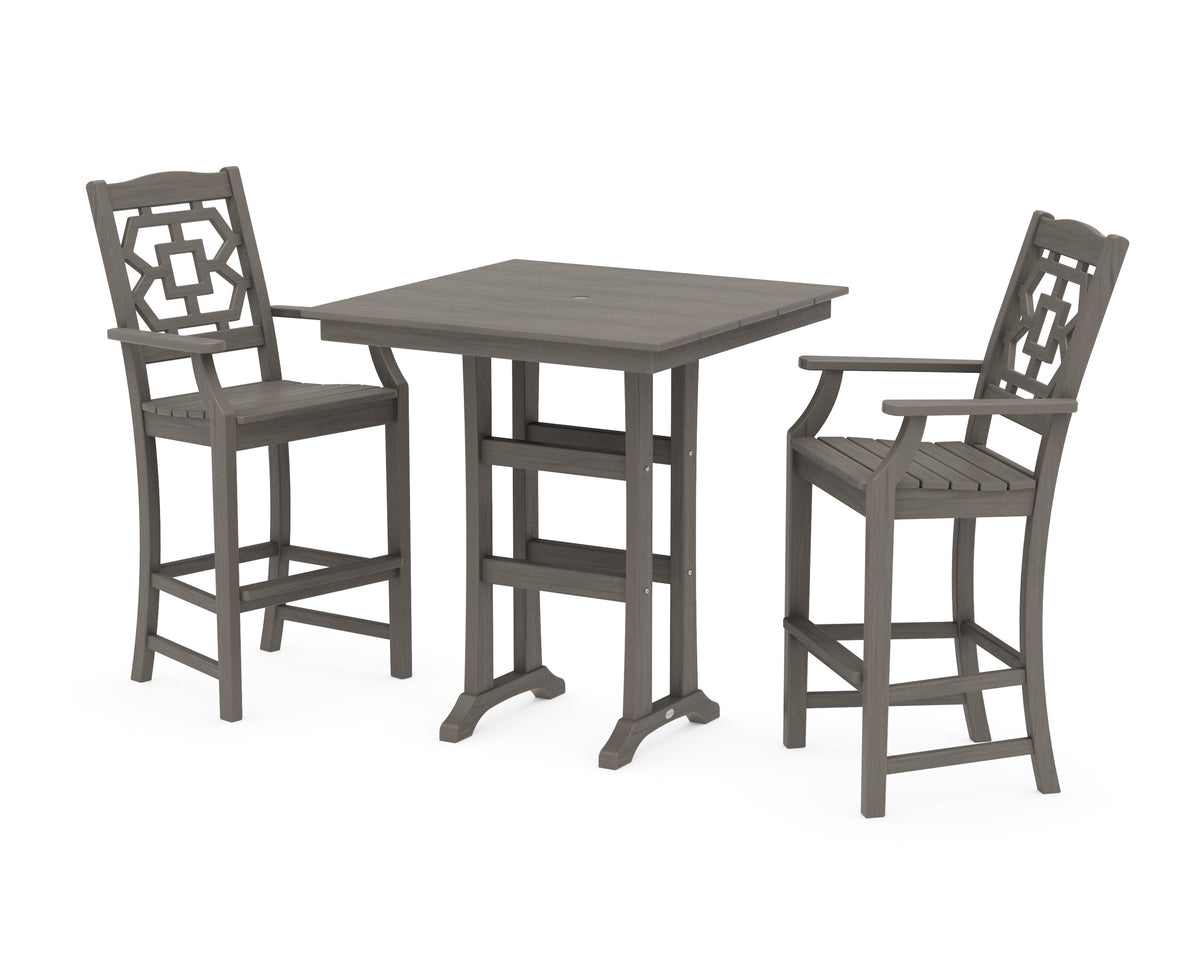 POLYWOOD Chinoiserie 3-Piece Farmhouse Bar Set with Trestle Legs in Driftwood