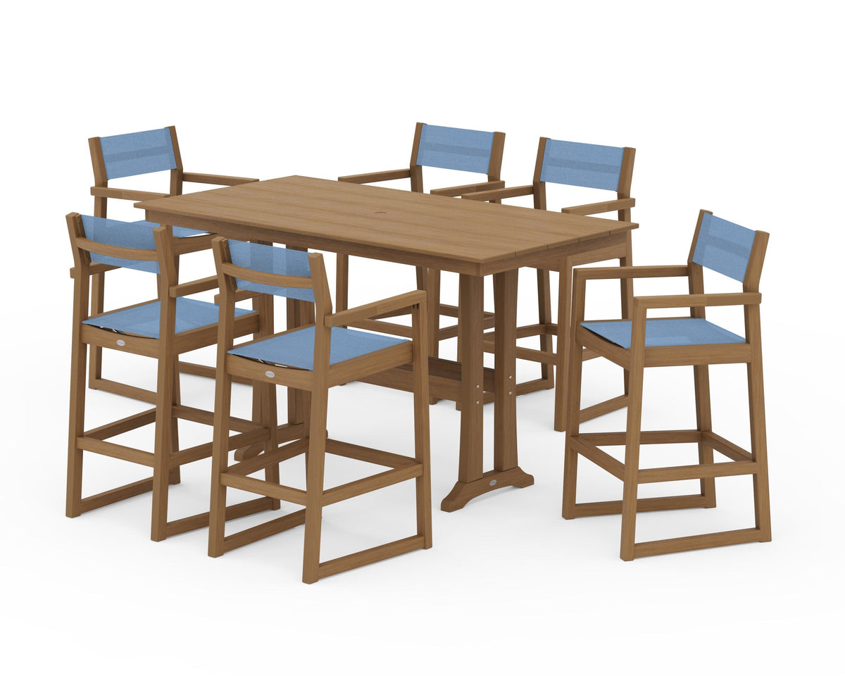POLYWOOD EDGE Sling Arm Chair 7-Piece Farmhouse Bar Set with Trestle Legs in Natural / Poolside