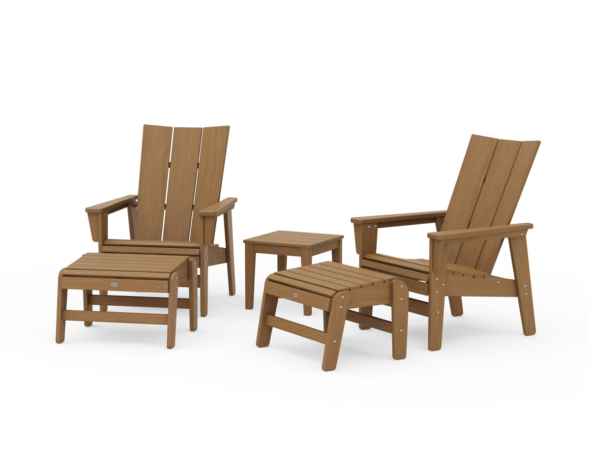 POLYWOOD 5-Piece Modern Grand Upright Adirondack Set with Ottomans and Side Table in Natural